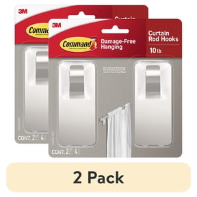 (2 pack) Command Satin Nickel Curtain Rod Hooks, 2 Hooks, 4 Adhesive Strips