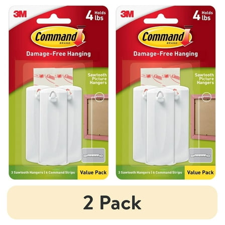 (2 pack) Command Sawtooth Picture Hanger, Holds 4 lbs, White, 3 Hangers, 6 Pairs Adhesive Strips