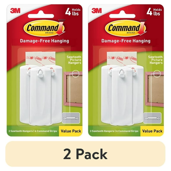 (2 pack) Command Sawtooth Picture Hanger, Holds 4 lbs, White, 3 Hangers, 6 Pairs Adhesive Strips