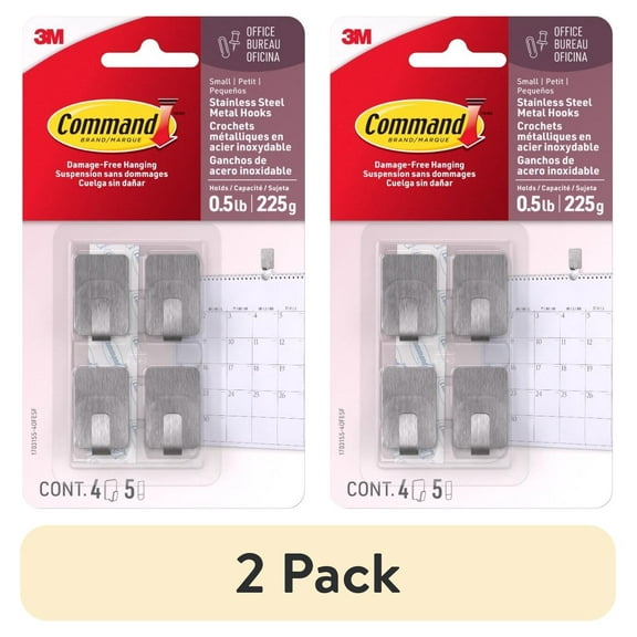 (2 pack) Command Small Stainless Steel Metal Hooks, 4 Hooks, 5 Strips per Pack