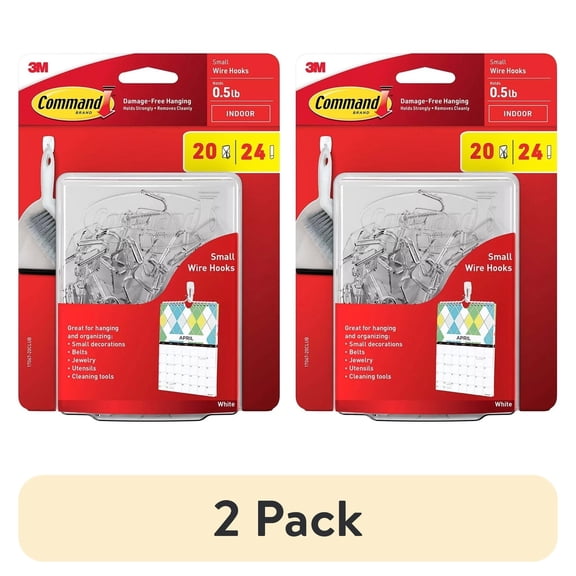 (2 pack) Command Versatile Small Wire Toggle Hooks with Strips, Metal White, 2''W