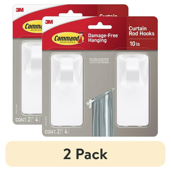 (2 pack) Command White Curtain Rod Hooks, 2 Hooks, 4 Adhesive Strips