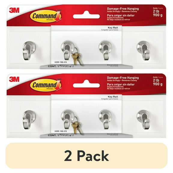 (2 pack) Command Quartz Key Rail with 4 Hooks & 6 Strips per Pack - Damage-Free Wall Organizer