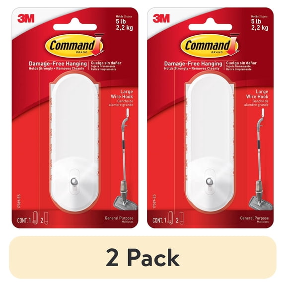 (2 pack) Command Wire Hook, White, Large, 1 Hook, 2 Strips/Pack