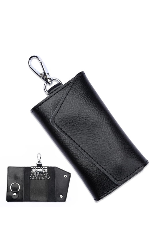 2 pack Compact Leather Car Key Case, Key Holder Key Organizer Wallet, with Card Holder Lightweight Organizer Keychain Black Wallet for Men & Women(Black)