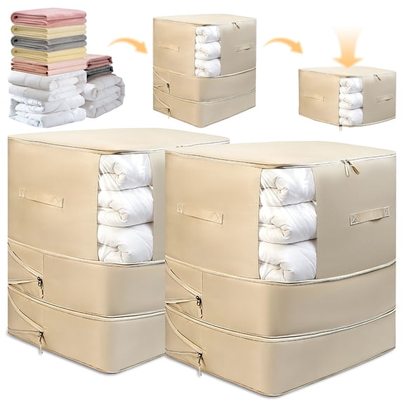 2 pack Compression Storage Bags for Comforters and Blankets, Adjustable 3-Layer Space Saving with Handle, Washable Bedding Organizer for Pillow Duvet Clothing, 142L 107L 71L