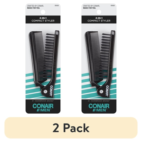 (2 pack) Conair Man 2-in-1 Foldable Detangling Brush and Fine Tooth Comb Compact Styler, Black