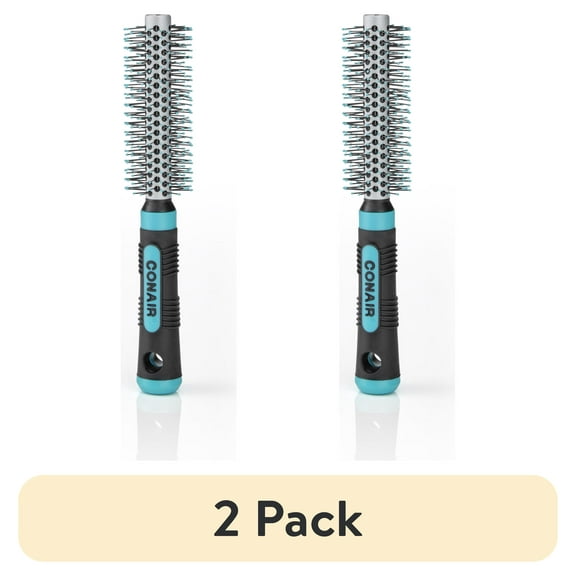 (2 pack) Conair Grip & Style Small Metal Round Hairbrush, Nylon Bristles and Rubber Handle