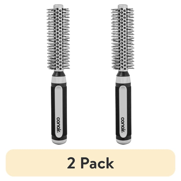(2 pack) Conair Grip & Style Small Metal Round Hairbrush, Nylon Bristles and Rubber Handle