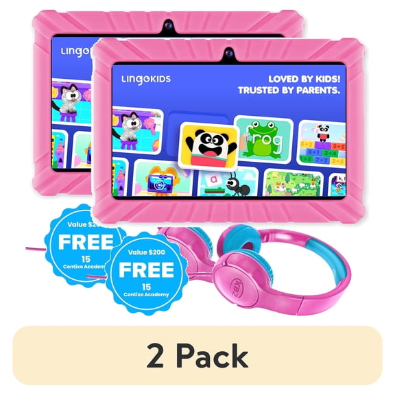 (2 pack) Contixo Kids Tablets Bundle, 7-Inch Educational Android Tablet and Wired Headphones for Kids Ages 3-7, Pink