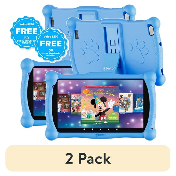 (2 pack) Contixo Kids Tablet, 7'' Tablet for Kids with 50 Free Disney Stoires, 32GB, Parental Controls, 2.4GHz, Android Tablet for Ages 3–7, WiFi, Silicone Case & Stylus, Summer Holiday Gift, Blue
