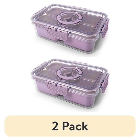 (2 pack) Cook with Color Purple Portable 4-Compartment Snack Food Storage Container, Portable and Dishwasher Safe with Ice Packs