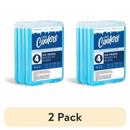 (2 pack) Cool Coolers by Fit & Fresh XL Slim Reusable Ice Packs, Space Saving Ice Packs for Lunch Boxes & Coolers, 4 Pack, Clear Blue