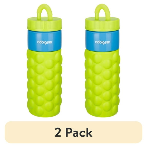 (2 pack) Cool Gear 24oz Plastic Retro Squishy Water Bottle, Bubble Green with Foam Grip and Resealable Straw