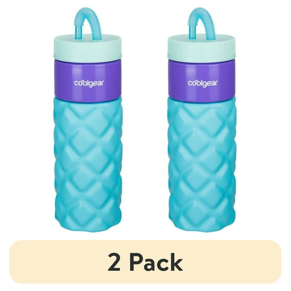 (2 pack) Cool Gear 24oz Plastic Retro Squishy Water Bottle, Quilted Blue with Foam Grip and Resealable Straw