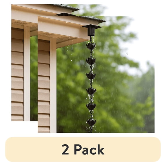 (2 pack) Cooltop 8.5 ft Rain Chain with 12 Lotus Cups for Gutters Outdoor Decor, Decorative ,Adjustable,Black
