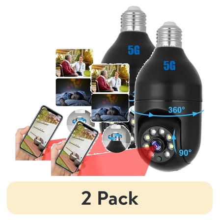 (2 pack) Cooltop Wireless Surveillance Camera, 5G Wifi E27 Light Bulb Camera, Motion Detection Night Vision Security Camera for Home Outdoor,Black