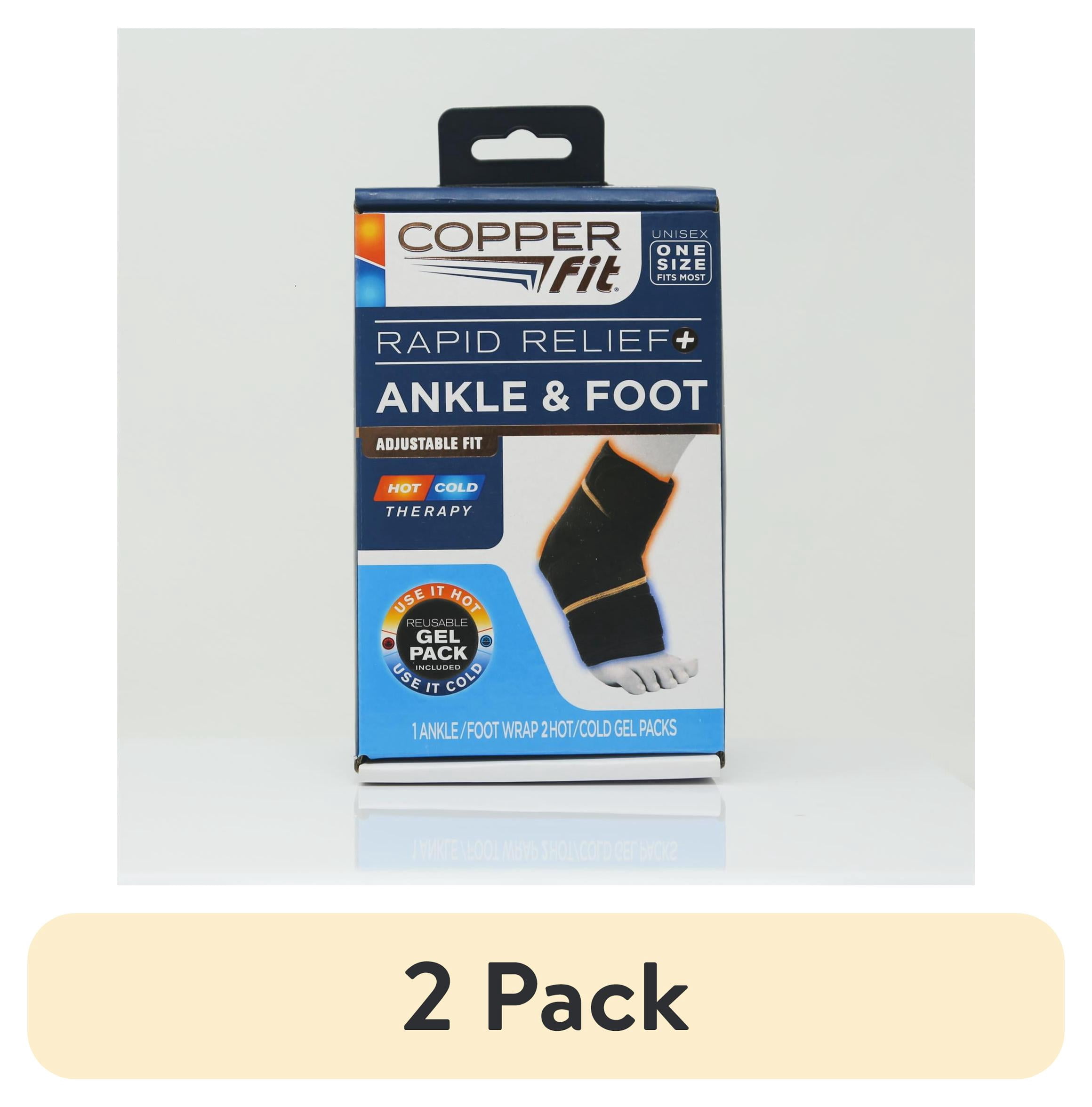 (2 pack) Copper Fit Rapid Relief Ankle & Foot Wrap with Hot/Cold Pack, Black, One Size