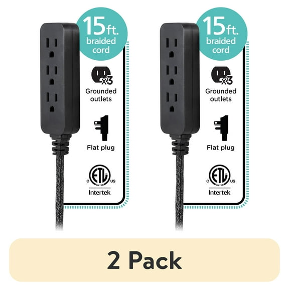 (2 pack) Cordinate Designer 15' Power Strip Surge Protector, UL Listed, Black/Dark Heather, 50012