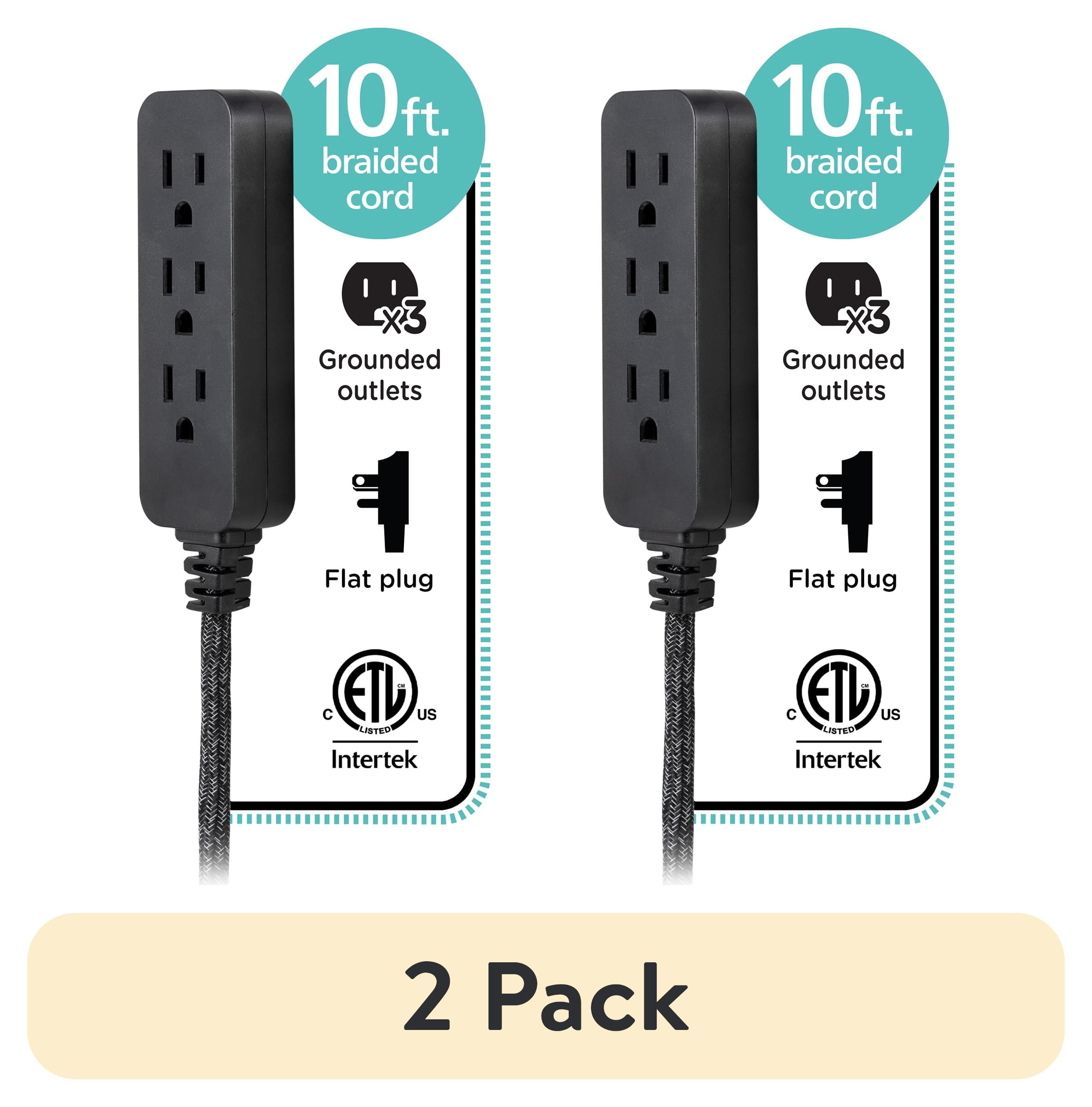 (2 pack) Cordinate Designer Extension Cord, 3-Outlet 10-Foot Cord, Black, Indoor, 42024