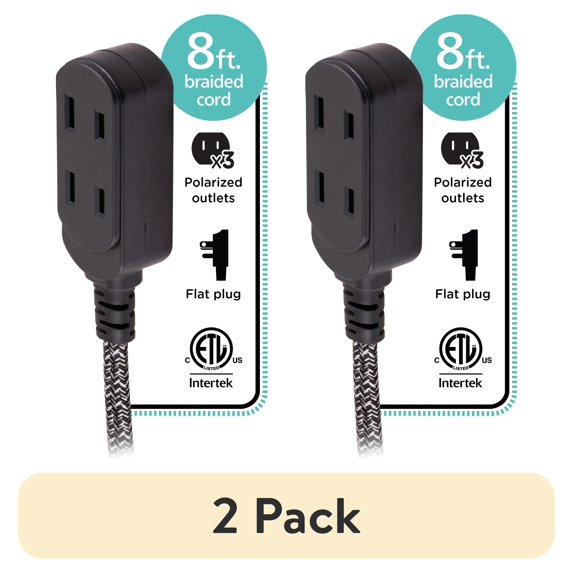 (2 pack) Cordinate Designer Extension Cord, 3-Outlet, Gray, 8 ft. Braided Cord, 15A - 42841