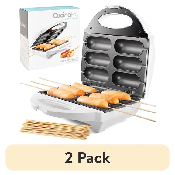 (2 pack) Corn Dog Maker - Perfect Hot Dogs on a Stick, Cheese Sticks, Cake Pops, and More - Includes 50 Skewers Plus Recipes, Easy to Use Electric Non Stick Baker, Great for BBQs, Makes 6 Mini Corn Dogs at