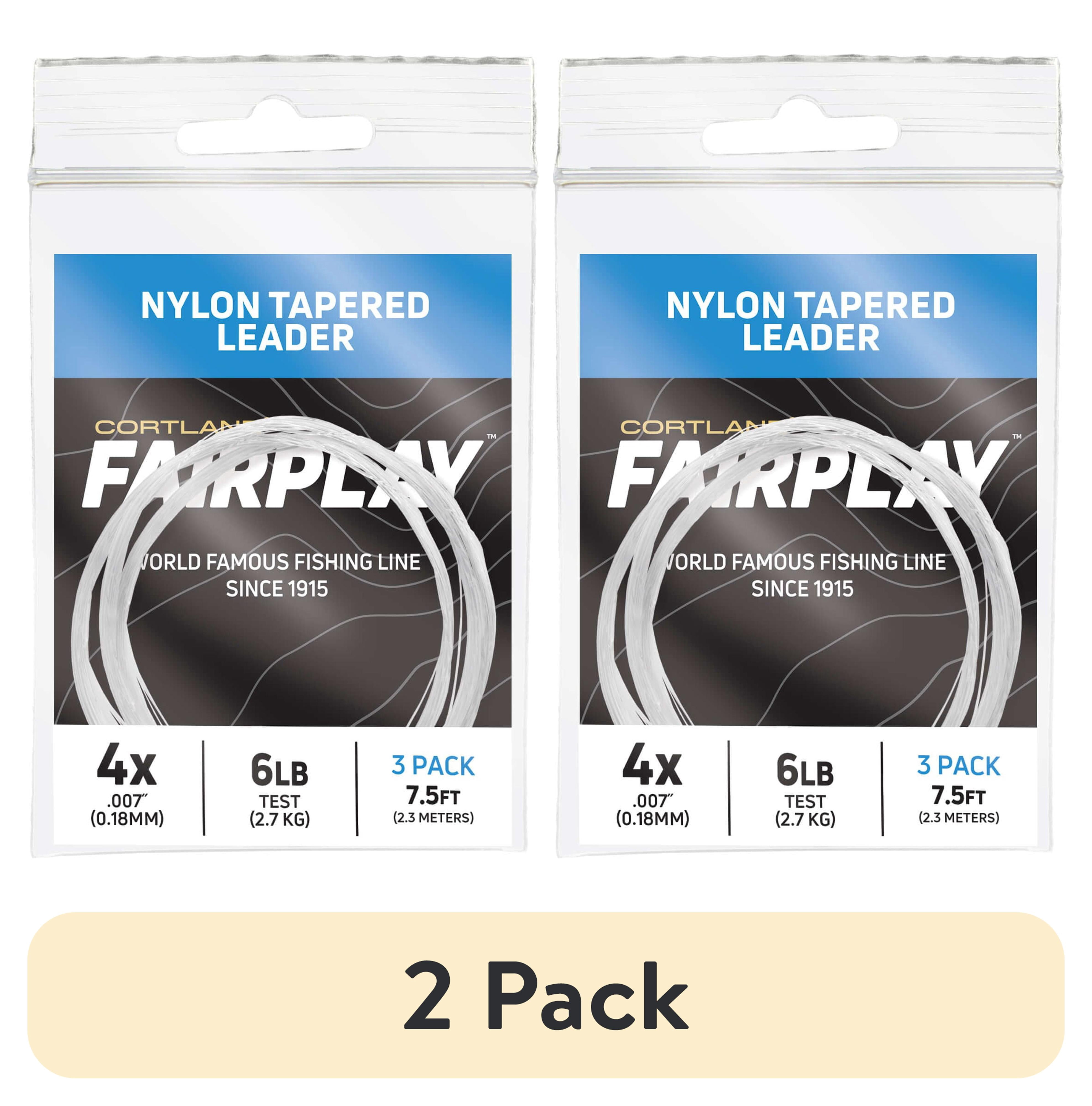 (2 pack) Cortland Fairplay 7.5' Tapered Leader, 3 Pack, No Loop, 3X, 7-Pound Test, 607668