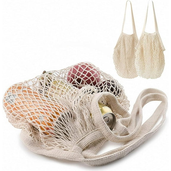 2 pack Cotton String Shopping Bags Reusable Washable Grocery Mesh Bags Organizer for Grocery Shopping Produce Net Bags with Longhandle for Fruit Vegetable Storage
