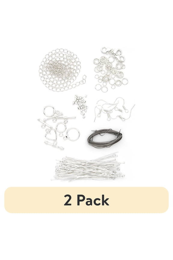 (2 pack) Cousin DIY Bright Silver Jewelry Findings Starter Value Pack, Metal, 125 Piece