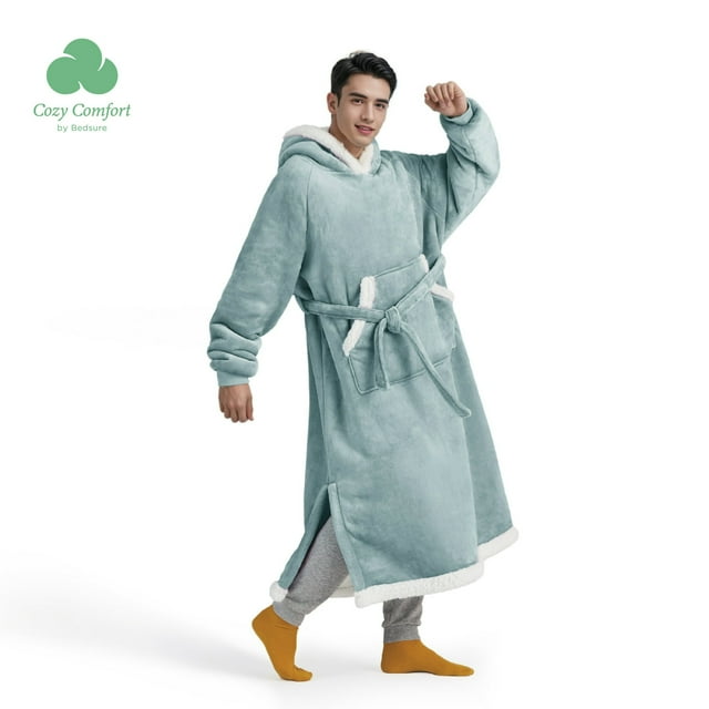 (2 pack) Cozy Comfort Ovesized Wearable Blanket Hoodie, Long Sherpa Fleece Blanket Sweatshirt, with Warm Big Hood, Side Split and Belt, Light Green, Oversize