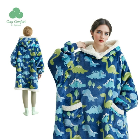 (2 pack) Cozy Comfort Wearable Blanket Hoodie with Sleeves - Sherpa Hooded Blanket as Dinosaur Gifts for Adults Men Boyfriend Girlfriend, Warm Sweatshirt Blanket