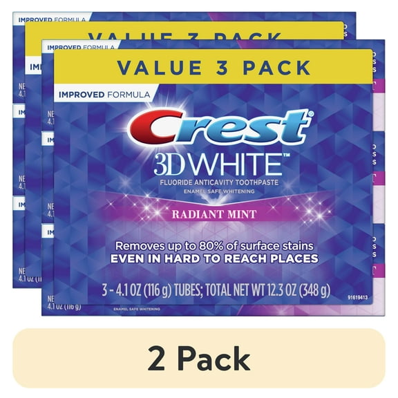 (2 pack) Crest 3D White Whitening Toothpaste, Radiant Mint, 4.1 Oz, 3 Pack