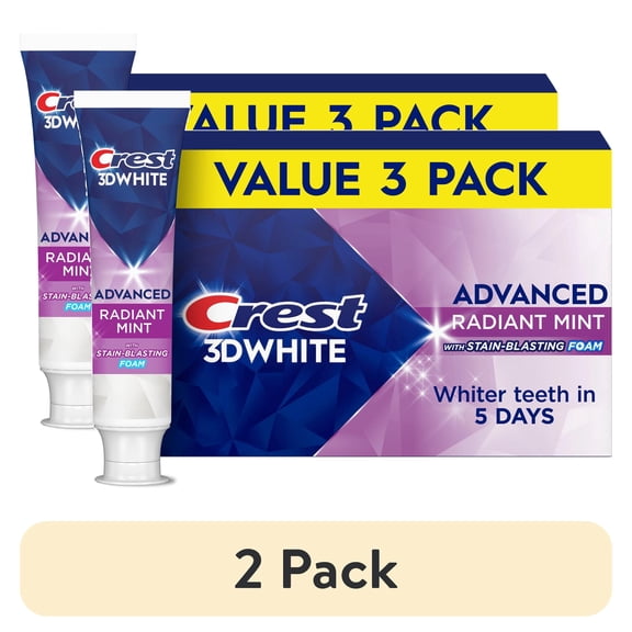 (2 pack) Crest Toothpaste, 3DWhite Advanced Whitening Toothpaste, Radiant Mint, 3.3 oz, 3 Pack