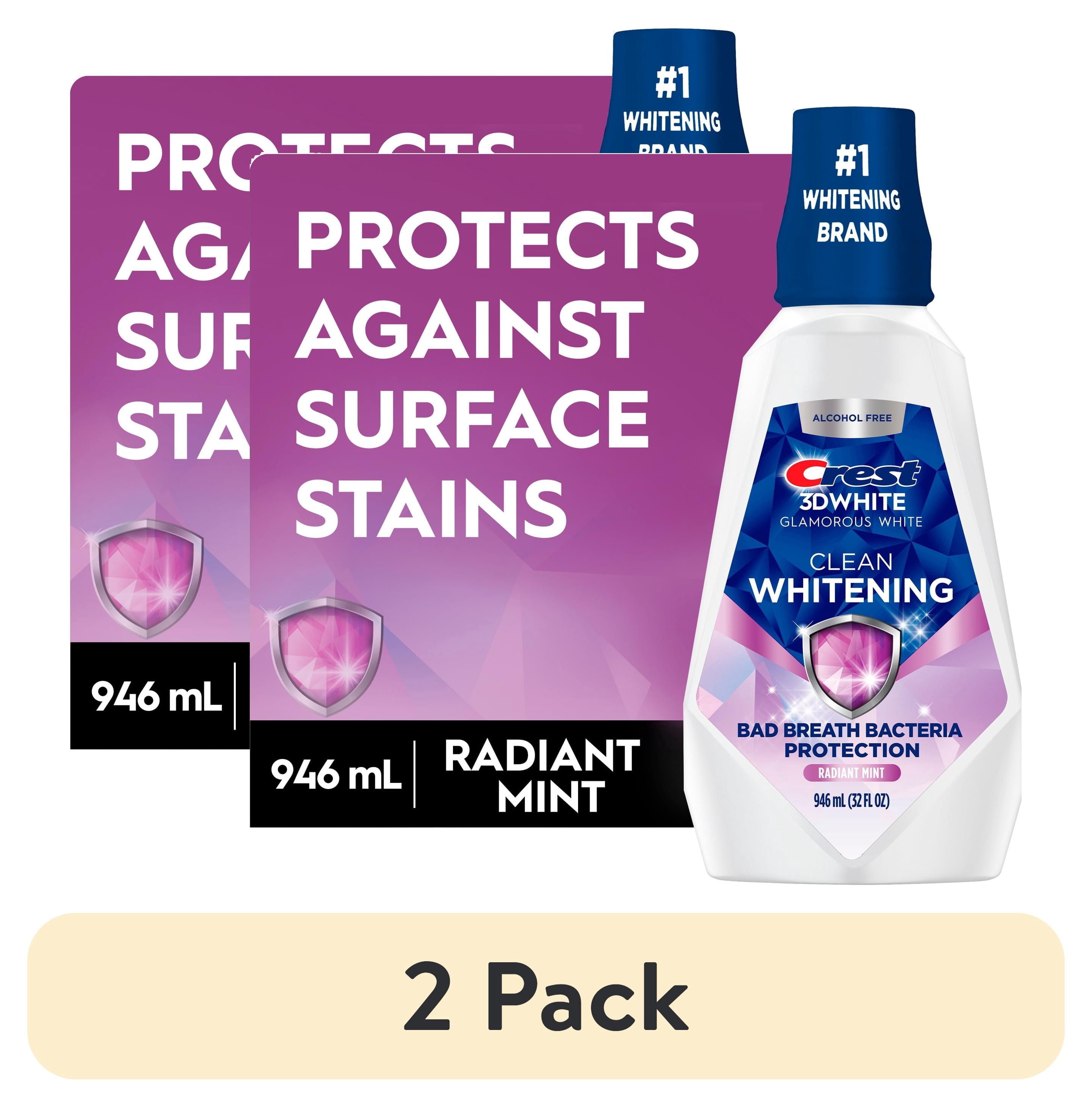 (2 pack) Crest Mouthwash 3D White Clean Whitening, Breath Protection, Alcohol-Free, Radiant Mint Flavor, 32 fl oz