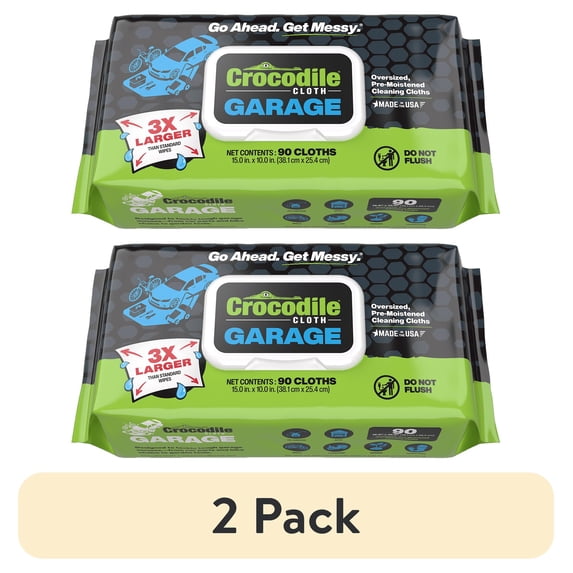 (2 pack) Crocodile Cloth Large Garage Cleaning Wipes, 90 Count, 10x15 Inches, For Interior & Degreasing