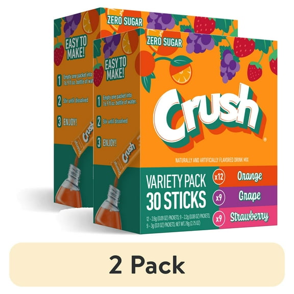 (2 pack) Crush Powdered Drink Mix Variety Pack, Orange, Grape & Strawberry, Sugar-Free, 30-Count