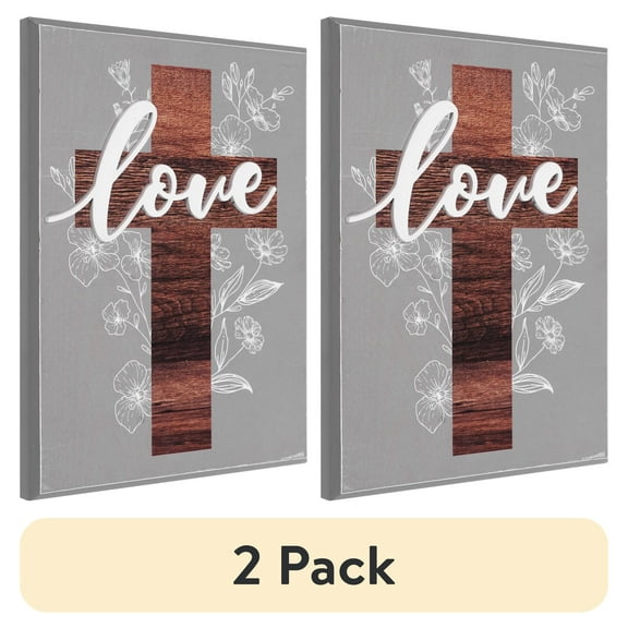 (2 pack) Crystal Art Gallery Love Cross and Florals Typographic Wood Wall Plaque Art - 8" x 6"