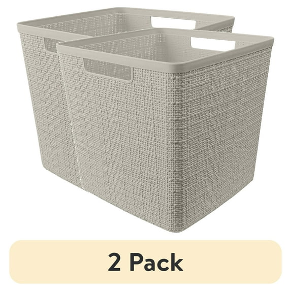 (2 pack) Curver Jute 11" Cube Plastic Storage Basket, Beige