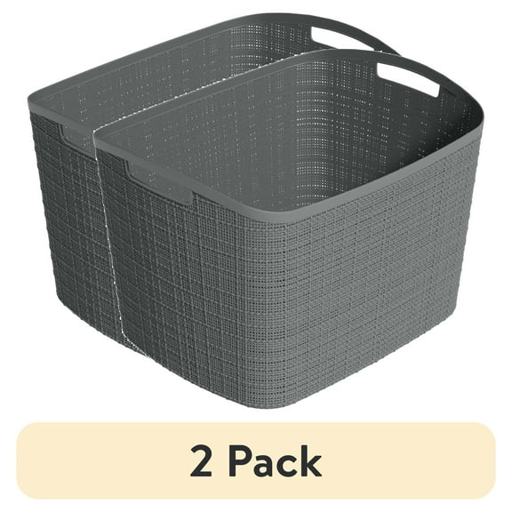 (2 pack) Curver Jute Extra Large Durable Resin Organization and Storage Basket Bin, Grey