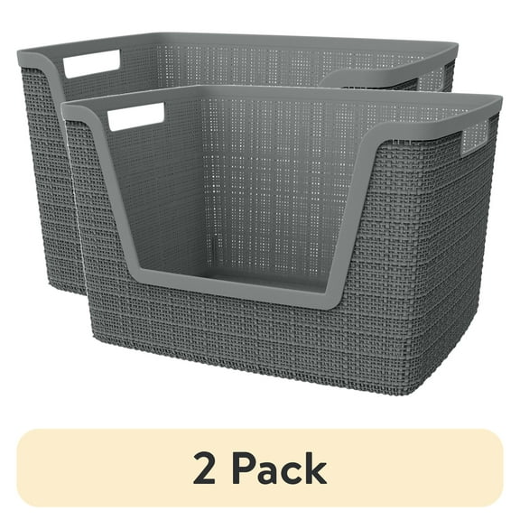 (2 pack) Curver Jute Large Easy Access Basket Medium Durable Resin Organization and Storage Basket Bin, Grey