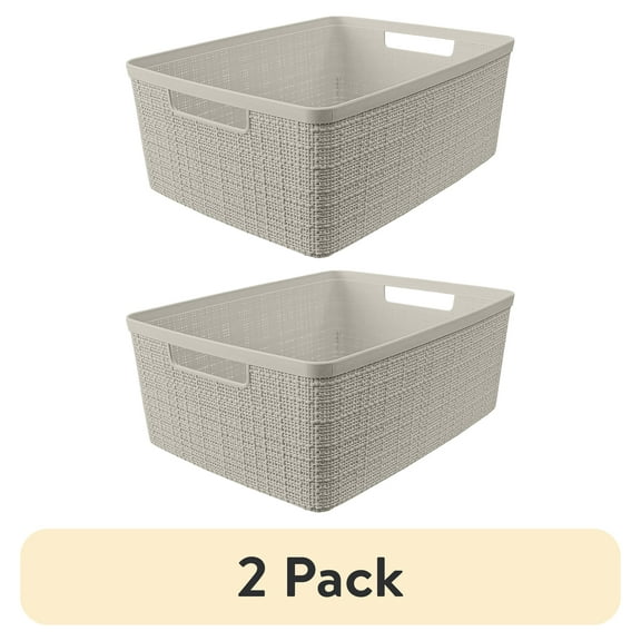 (2 pack) Curver Jute Medium Beige Plastic Storage Basket, 14 in x 10.7 in x 5.7 in