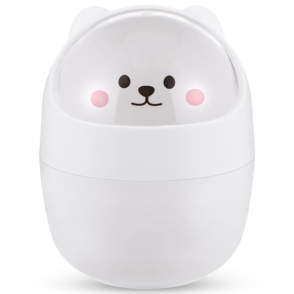 2 pack Cute Desktop Tiny Trash Can with Flip Lid, Creative Bear Mini Wastebasket, Portable Countertop Dustbin for Office Kitchen Vanity Tabletop Bedroom (White)