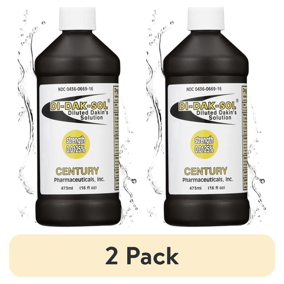 (2 pack) Dakin's Di-Dak-Sol Diluted Solution 0.0125% Sodium Hypochlorite Wound Cleanser for Acute and Chronic Wounds, Antimicrobial No-Rinse Formula 16 oz