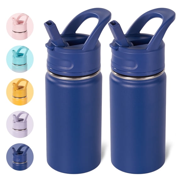 Daluvenix 12oz Insulated Kids Water Bottle with Straw and Carry Handle, Leak-Proof BPA-Free Stainless Steel Bottle, Blue (2 Pack)