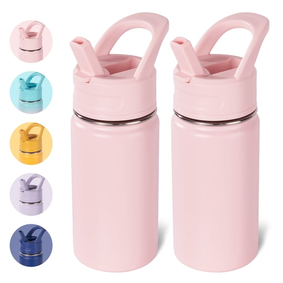 Daluvenix 12oz Insulated Kids Water Bottle with Straw and Carry Handle, Leak-Proof BPA-Free Stainless Steel Bottle, Pink (2 Pack)