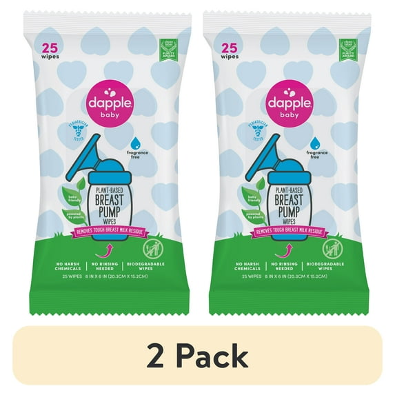 (2 pack) Dapple Baby Plant-Based Breast Pump Cleaning Wipes, Fragrance Free, 1 Resealable Pack, 25 Wipes