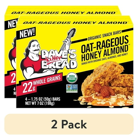 (2 pack) Dave's Killer Bread Oat-Rageous Honey Almond Organic Snack Bars, 4 Individually Wrapped Snack Bars