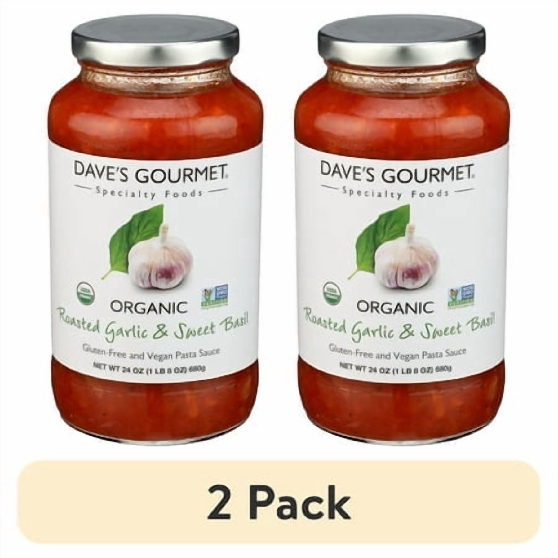 (2 pack) Dave’s Gourmet Organic Roasted Garlic and Sweet Basil Tomato Pasta Sauce, Perfect for Spaghetti, Shelf-Stable, Gluten-Free, Vegan, 24oz Jar