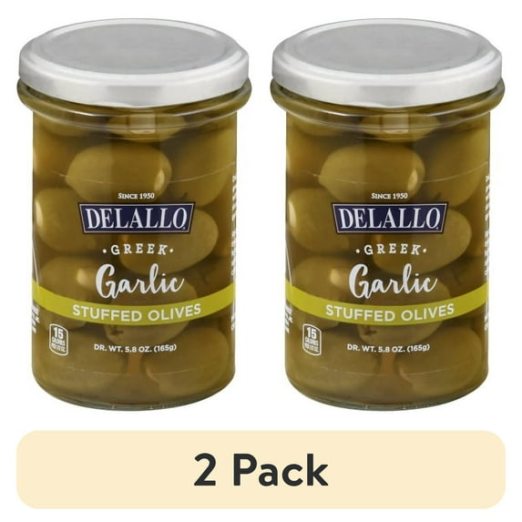 (2 pack) DeLallo Greek Garlic Stuffed Olives, 5.8 Oz, Jar