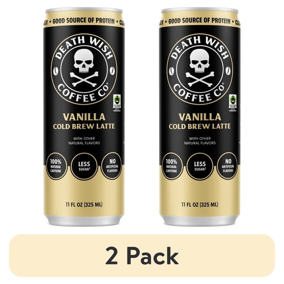 (2 pack) Death Wish Coffee Co., Vanilla Cold Brew Latte, 100% Fair Tradeβ’ Coffee, Natural Flavors, 11 fl oz Can